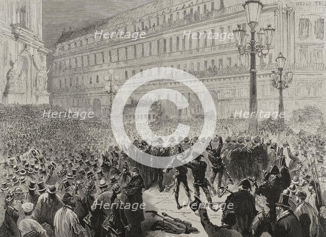 The Spanish Estudiantina - Serenade in the Opera Square, March 7, 1878, Paris Carnival of 1878. Creator: Unknown.