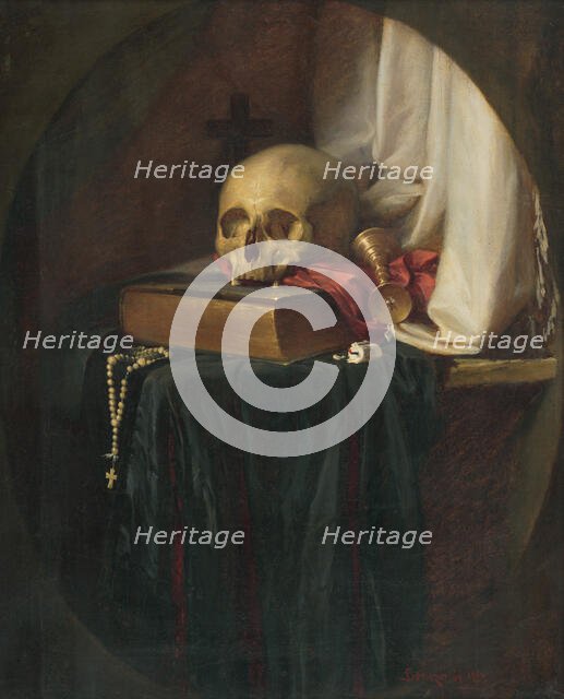 Still life with a skull and a book, 1860. Creator: Gyula Benczúr.