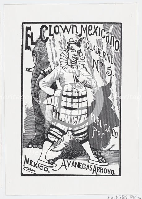 A clown standing with one hand on his hip and an elephant peering out from behind..., ca. 1880-1910. Creator: José Guadalupe Posada.