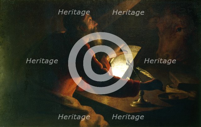 St Luke the Evangelist writing his Gospel watched by his symbol, an ox, 17th century. Artist: Unknown