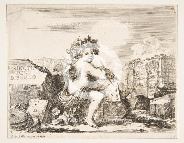 Plate 1: the genius of drawing, a child with wings, seated on a rock in center turn..., ca. 1641-43. Creator: Stefano della Bella.