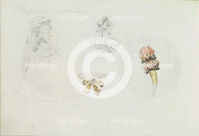 Four Costume Design Sketches of a Woman, a Basket, a Collar, and a Sleeve, ca. 1785-90. Creator: Anon.