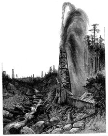 A gusher in the Pennsylvanian oilfields, USA, 1886. Artist: Unknown