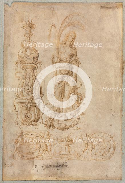 Design for a Candelabrum, Allegorical Figure of Abundance, Ornamental Relief Design, c. 1490s. Creator: Bernardo Parentino (Italian).