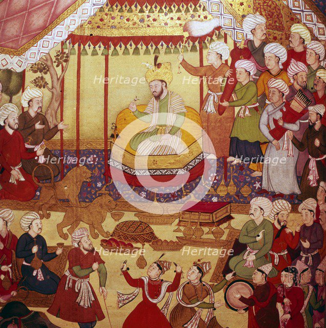 Timur enthroned during celebrations, Mughal manuscript, 1600-1601. Artist: Unknown.