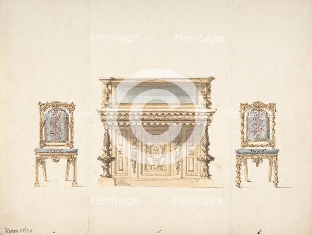 Design for a Mirrored Cabinet and Two Chairs, early 19th century. Creator: Anon.