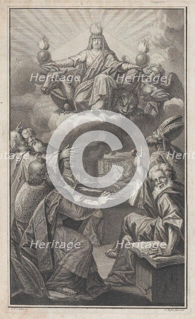 Allegorical figure appearing on clouds overhead while a group of men gathered below look u..., 1728. Creator: Claude-Augustin Duflos.