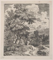 Plate 3: a shepherd seated on a hill, a cow and two sheep at left, and a town in ri..., ca. 1700-25. Creator: Franz Joachim Beich.