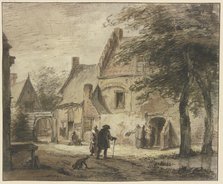 Farmstead with several figures, a dog in the foreground. Creator: Jan Hulswit.