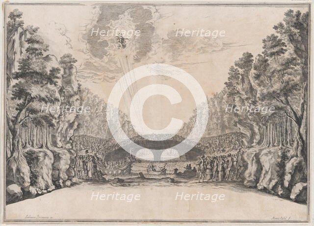 A row boat leading a ship to shore while a large group of figures looks on from the coast ..., 1674. Creator: Mathäus Küsel.