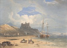 Bamborough Castle from the Northeast, with Holy Island in the Distance, Northumberland, 1827. Creator: John Varley I.