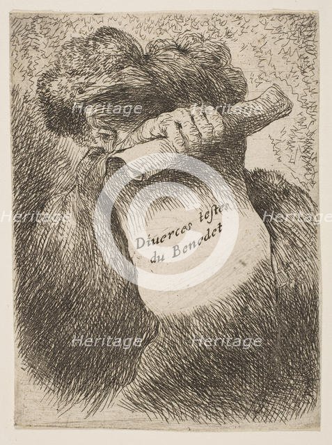 Man holding a scroll in front of his face, from the series of 'Small Heads in Ori..., ca. 1645-1650. Creator: Giovanni Benedetto Castiglione.