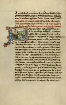 Initial P: Gillion Embracing the Sultan's Daughter Gracienne; Roman de Gillion de Trazegnies, 1464. Creators: Lieven van Lathem, David Aubert.