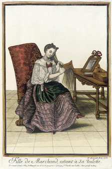 Recueil des modes de la cour de France, 'Fille de Marchand, estant à Sa Toilette', 1687. Creator: Nicolas Arnoult.