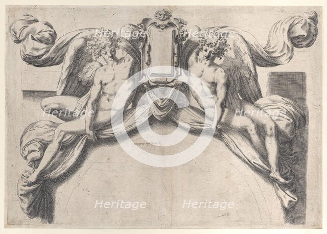 Two angels supporting a cartouche or shield, 1568-77., 1568-77. Creator: Orazio de Sanctis.