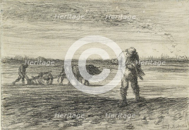 Man ploughing and another sowing, 1849-1852. Artist: Jean Francois Millet.