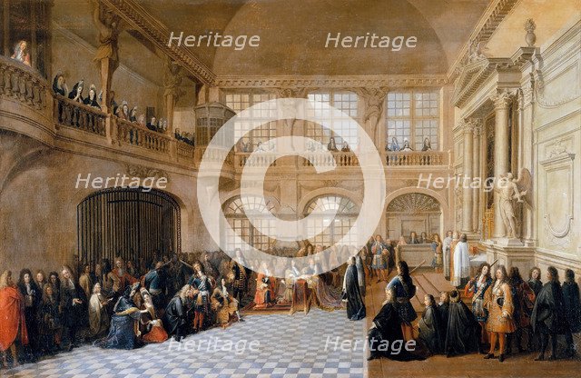 Louis XIV receiving the oath of the Marquis De Dangeau, Grand Master of the Order of Saint Lazare in Artist: Pezey, Antoine (active 1695-1710)