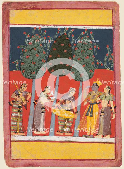 A page from a Rasikapriya series: Krishna and Radha and the Sakhis with musical instruments, c. 1650 Creator: Unknown.