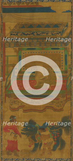 Lohan under a canopy; a lion, and two attendants, 18th century. Creator: Unknown.