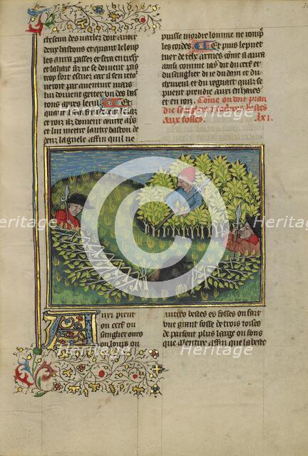 Hunters Driving a Wild Boar into a Pit; Livre de la Chasse, about 1430-1440. Creator: Unknown.