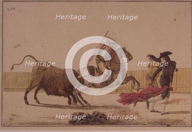  'Suerte de Varas' (Bullfighting stage), colored engraving by Antonio Carnicero.