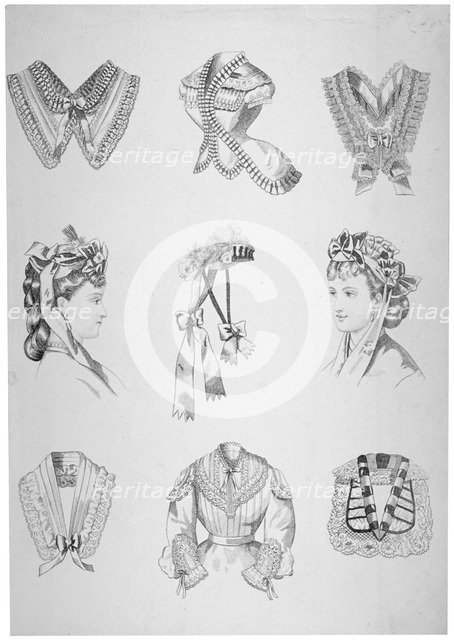 Nine vignettes of collars, hats and bodices, 1872. Artist: Anon