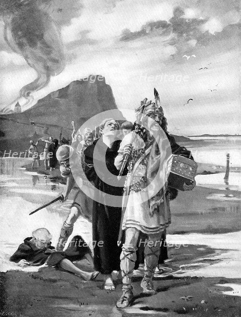 The plunder of Lindisfarne, Northumberland, 793 AD, (c1920). Artist: Margaret Dovaston