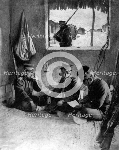 Japanese soldiers using a field telephone to call for reinforcements, Korea. Artist: Unknown