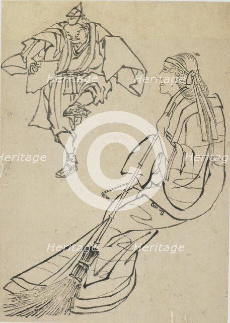 Old woman seated on bench before whom a man with fan dances, late 18th-early 19th century. Creator: Hokusai.