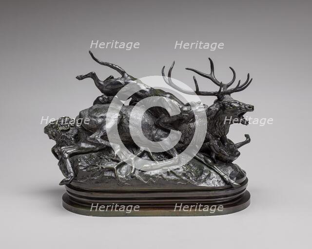 Ten-Point Stag Brought Down by Two Scotch Hounds, model n.d., cast possibly c. 1857/1873. Creator: Antoine-Louis Barye.