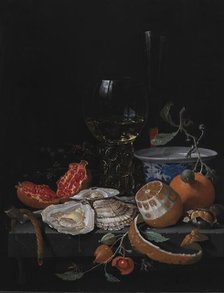 Oysters, Fruit and a Wineglass on a Stone Table, 1671-1679. Creator: Abraham Mignon.