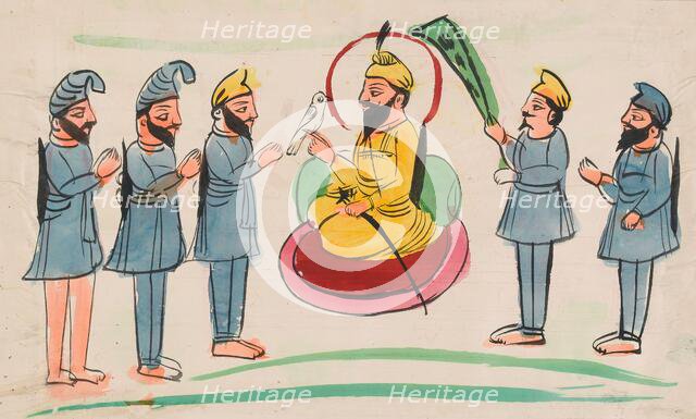 A man seated with Sikh worshippers. Creator: Unknown.