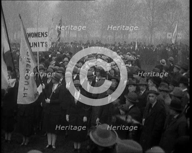 A Large Crowd of Female Civilians in a Political Rally. a Banner Reads: 'Women Units', 1920. Creator: British Pathe Ltd.
