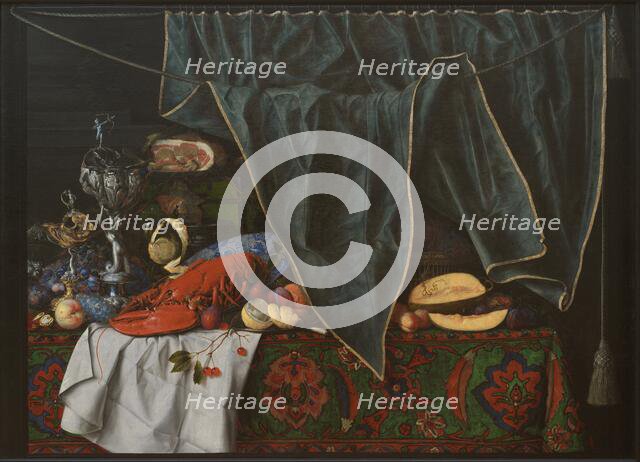 Trompe l'Oeil with Breakfast Piece with Lobster and Goblets on a Table Covered with an..., 1672. Creator: Cornelis Norbertus Gysbrechts.