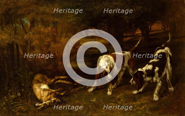 Hunting Dogs with Dead Hare, 1857. Creator: Gustave Courbet.