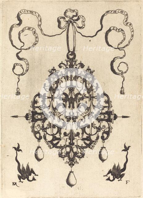 Large Pendant, Two Fantasy Creatures with Long Tails at Bottom, 1596. Creator: Daniel Mignot.