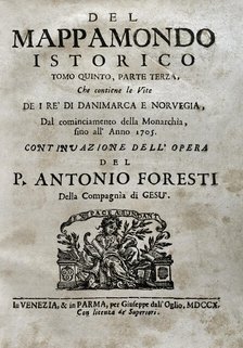"Mappamondo Istorico", Volume V, Part III: Life of the kings of Denmark and Norway..., 1710. Creator: Antonio Foresti.