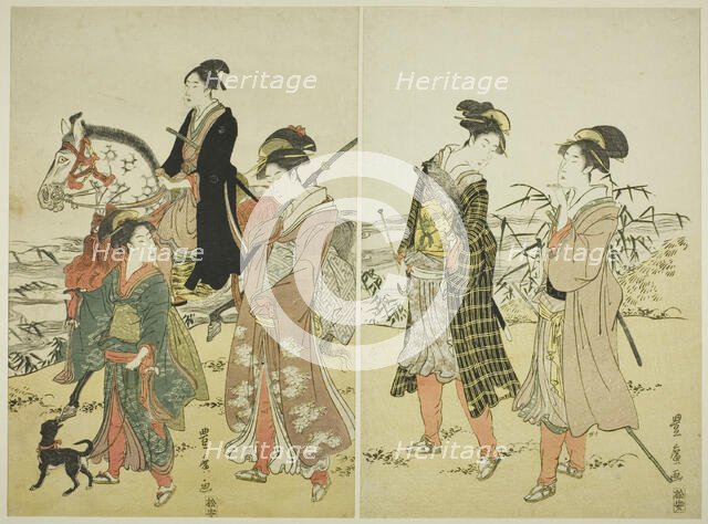 Party of falconers near river, c. 1798/1801. Creator: Utagawa Toyohiro.