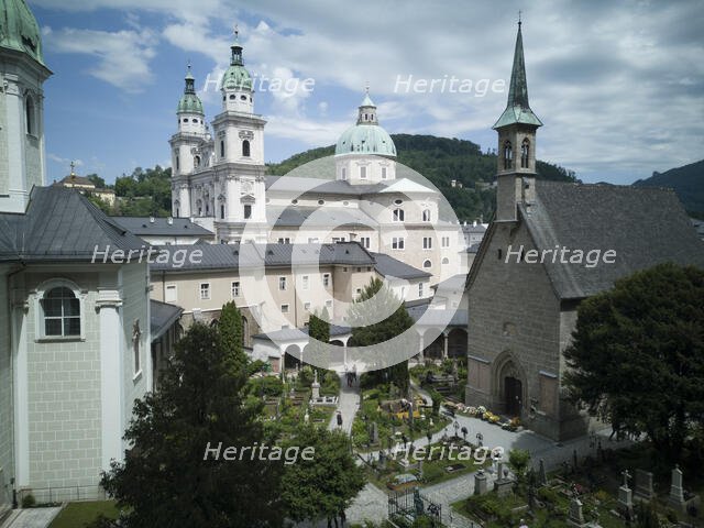 Looking down onto the Cathedral of Saints Rupert and Vergilius, Salzburg, Austria, 2022. Creator: Ethel Davies.