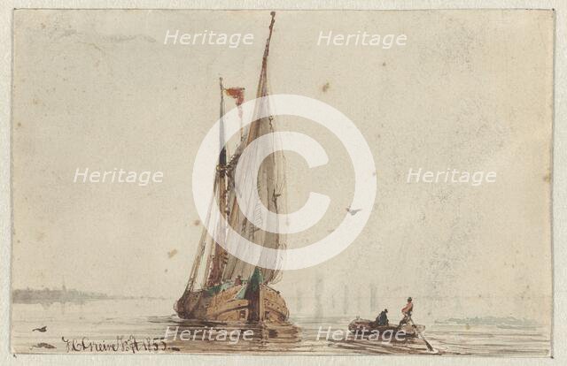 Sailing ship and rowing boat on the water, 1855. Creator: Johan Conrad Greive.