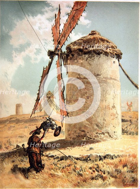 Illustration by Ricardo Balaca, scene of  the mills episode in 'Don Quixote of La Mancha', editio…