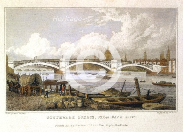 'Southwark Bridge from Bank Side', London, 1817. Artist: Thomas Hosmer Shepherd