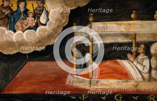 A man in bed praying to the Virgin and Child and two Franciscan saints. Creator: Unknown.