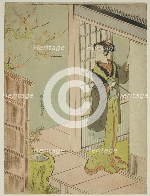 Beauty Admiring a Bush Warbler Singing in a Plum Tree, c. 1767/68. Creator: Suzuki Harunobu.