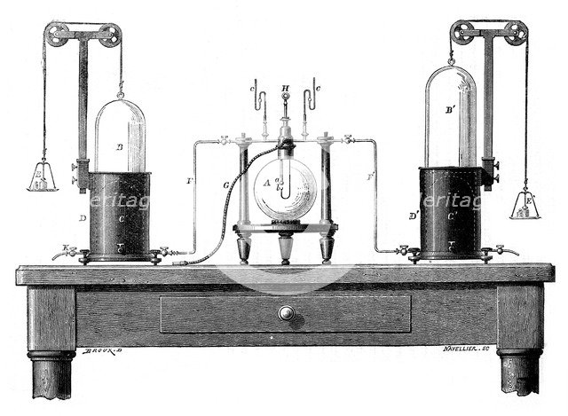 Antoine Lavoisier's apparatus for synthesizing water from hydrogen (left) and oxygen (right), 1881. Artist: Unknown