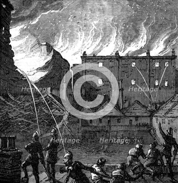 The Burning of the Pantechnicon: the fire, seen from the roof of Rice's Stables, 1874. Creator: Unknown.