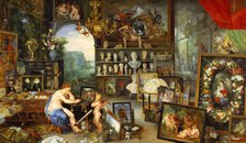 The Sight', represented by a naked nymph looking at a painting showed by a winged cherub, by Jan …