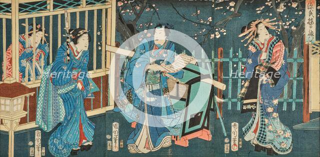 Genji sakura no nigiwai hi (The Expulsion of the Genji Cherry Blossoms), 1866. Creator: Kunichika, Toyohara (1835-1900).