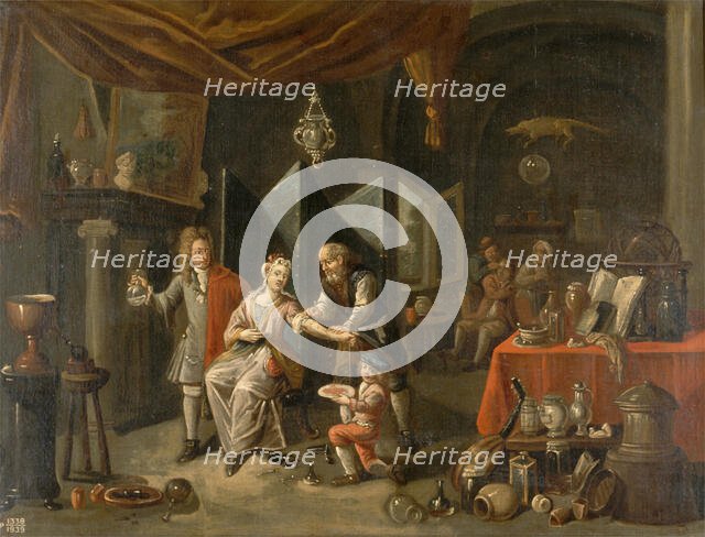 A surgeon letting blood from a woman's arm, and a physician examining a urine-flask, c1700s.. Creator: Balthasar van den Bossche.