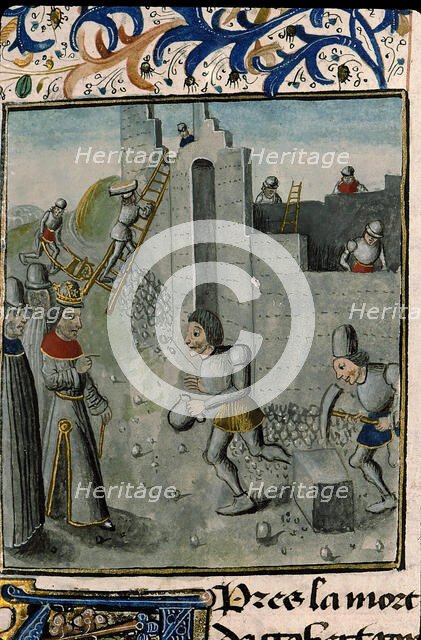 Sigebert III ordering the reconstruction of a city in Austrasia. From Annales historiae... , c1470. Creator: Anonymous ().